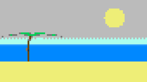 Pixel-art beach at golden hour in the Commodore 64 palette