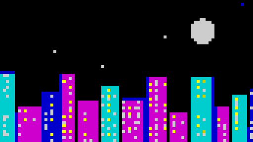 Pixel-art neon city skyline at night in the ZX Spectrum palette