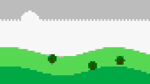 Pixel-art rolling green hills with trees in the NES palette
