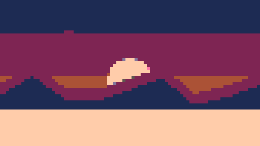 The same sunset scene converted to 8-bit pixel art in the PICO-8 palette