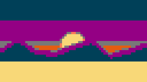 A painted sunset over mountains converted to the NES palette