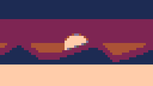 A painted sunset over mountains converted to the PICO-8 palette